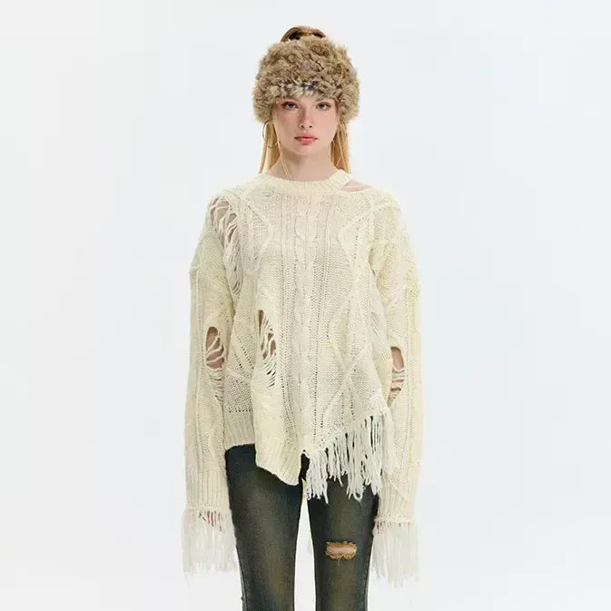 Hollowed-Out Tassel Loose Fit Knit Sweater