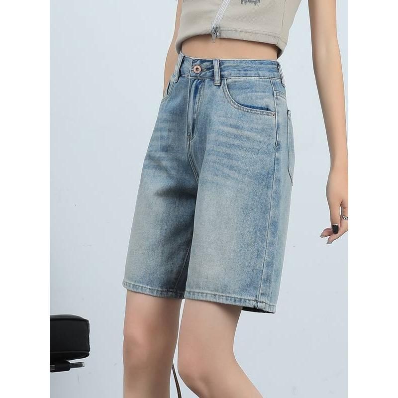 High Waist Knee Length Denim Shorts for Women