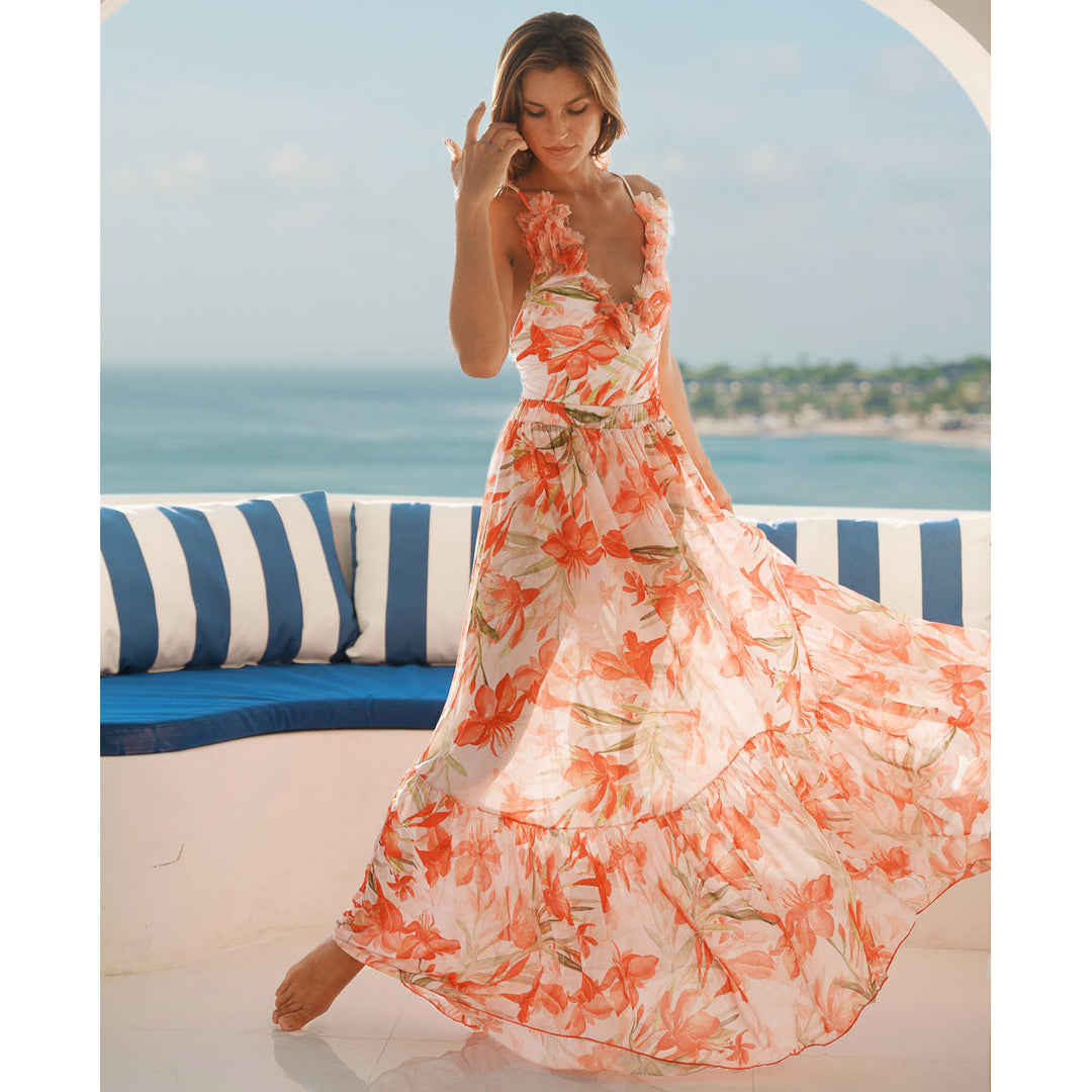 3D Flower Printed V-neck One-piece Swimsuit Mid-length Dress Set