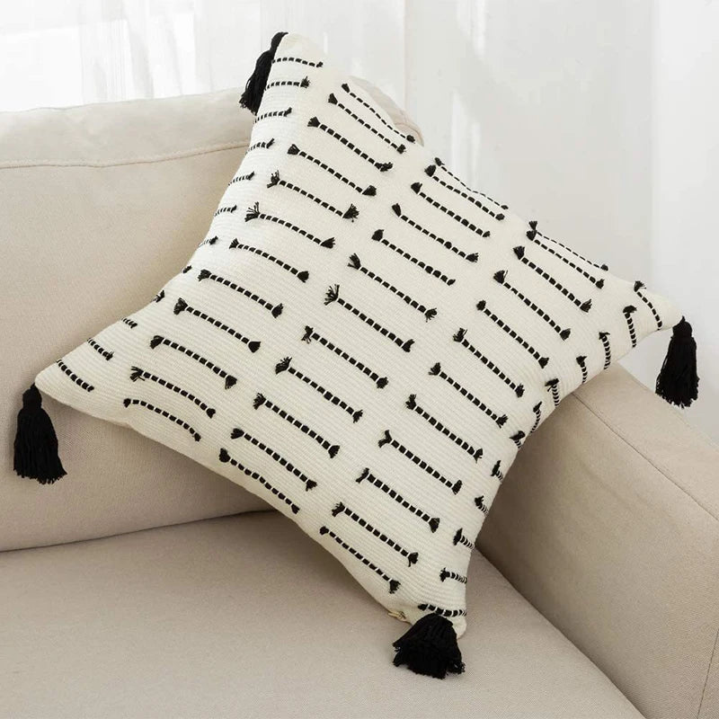 Elegant Black and White Cushion Cover 18x18 with Woven Tassels