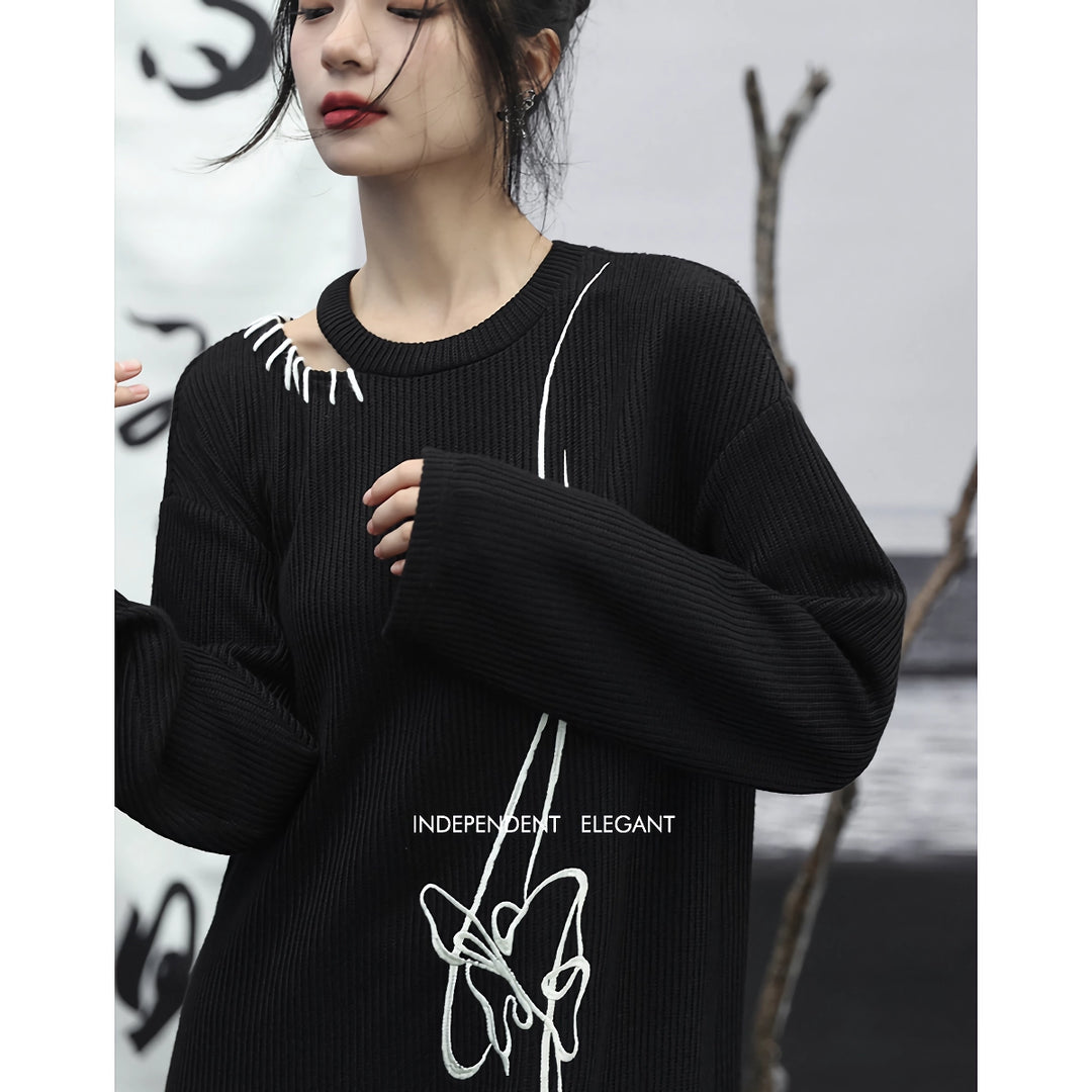 Chic Black Knitted Embroidered Sweater Dress for Women