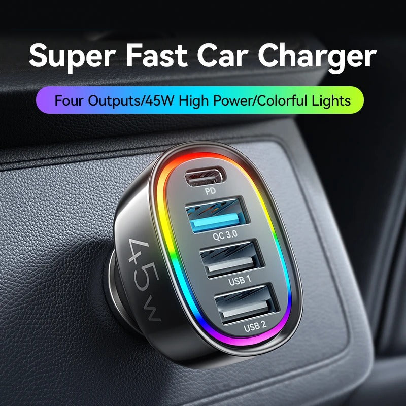 45W 4-in-1 Car Charger with PD3.0 & QC3.0 for Fast Charging