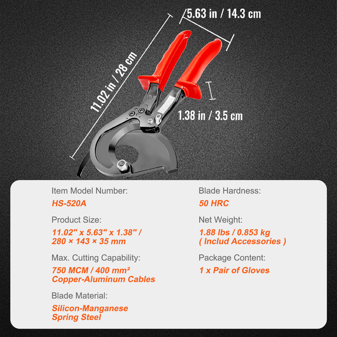 10/11 Inch Ratcheting Cable Cutter with Quick-Release for Easy One-Handed Operation