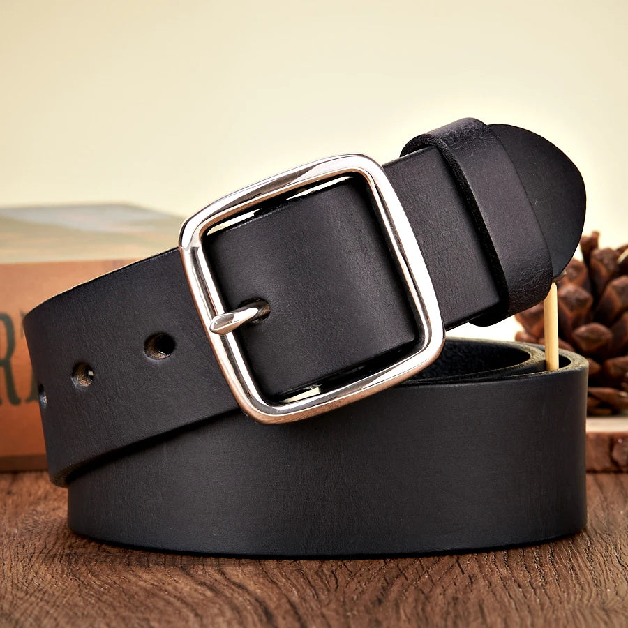 3.8CM Men’s Vintage Cowskin Leather Belt with Anti-Allergy Stainless Steel Buckle