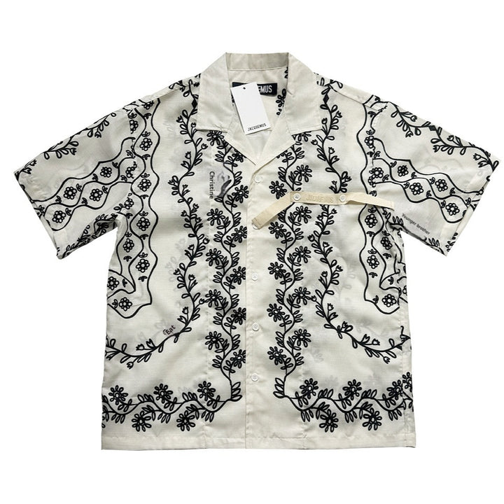 Vine Plant Printed Single-breasted Lapel Short Sleeve Shirt