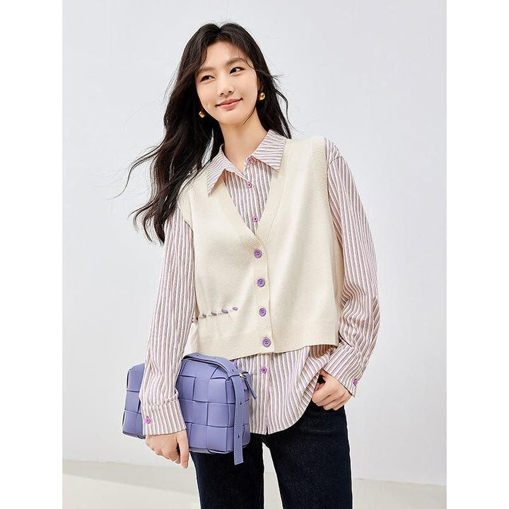 Autumn Long Sleeve Polo Neck Casual Stripe Blouse & Knitted Vest Set