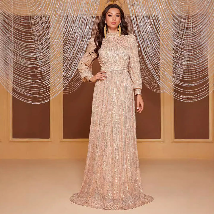 Pure Color Sequins Long Sleeve Stand Collar Evening Long Dress Simple And Elegant