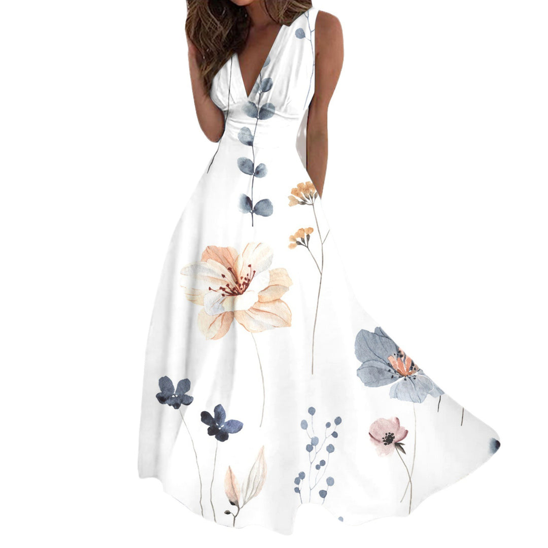 Women's Digital Printing Fashion V-neck Swing Long Dress