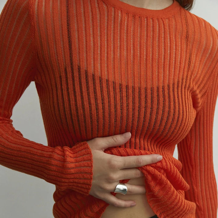 Elegant Striped Long Sleeve See-Through Top for Women