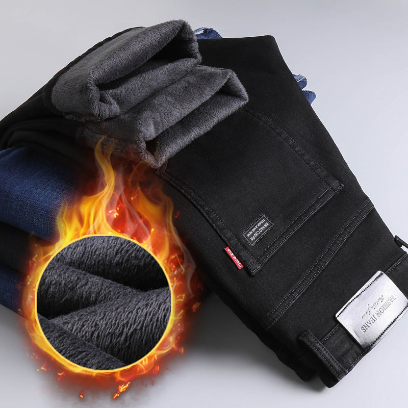 Winter Black Jeans Men's Fleece-lined Thickened