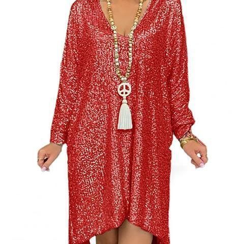 Casual Solid Color Loose Pullover Sequined Shirt V-neck Long Dress