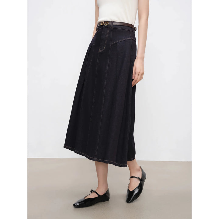 Elegant High Waist Dark Denim A-Line Midi Skirt for Women