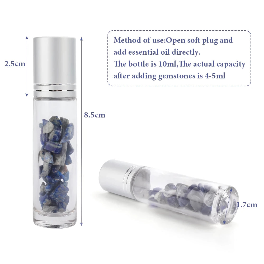 10ml Natural Gemstone Essential Oil Roller Bottles with Crystal Chips