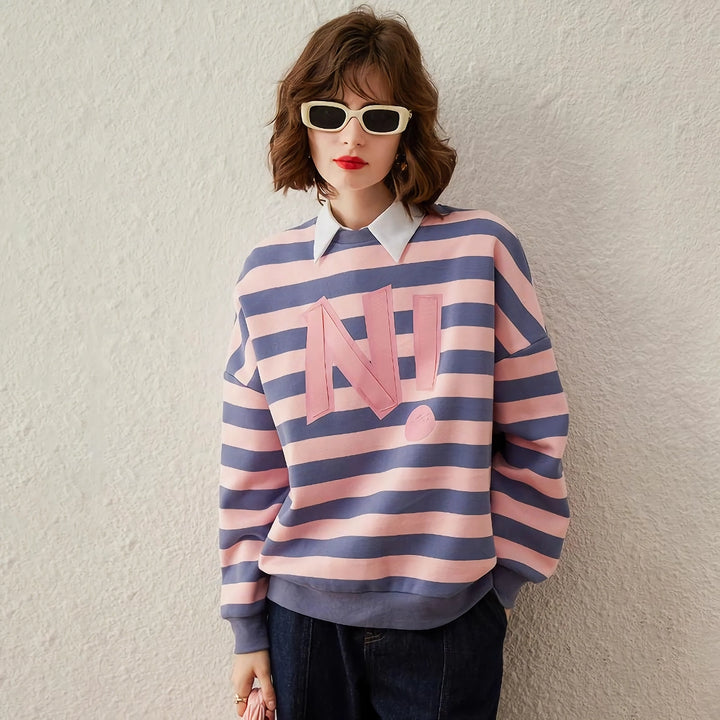 Striped Letter Print Sequin Embroidered Sweatshirt