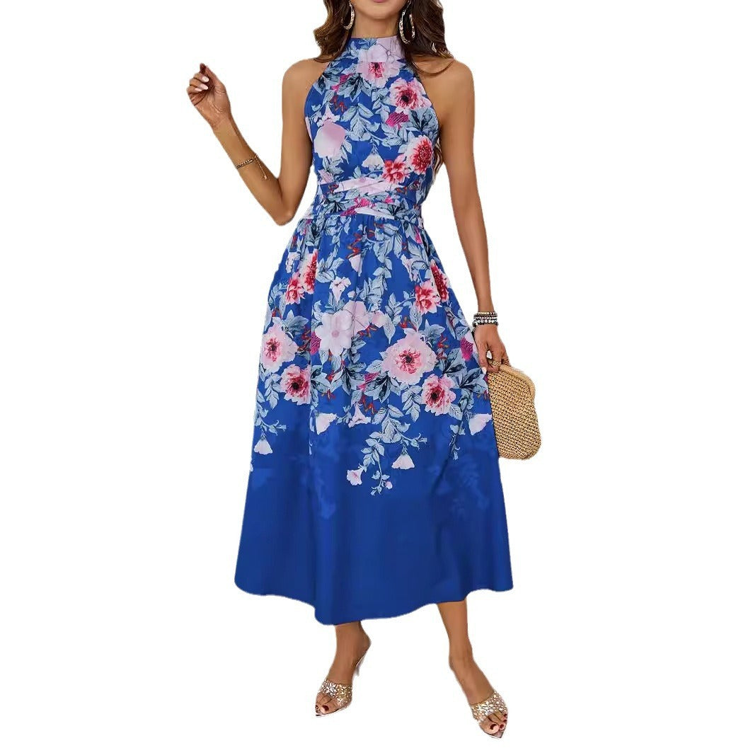 Halterneck Printed Waist Slimming Dress Women