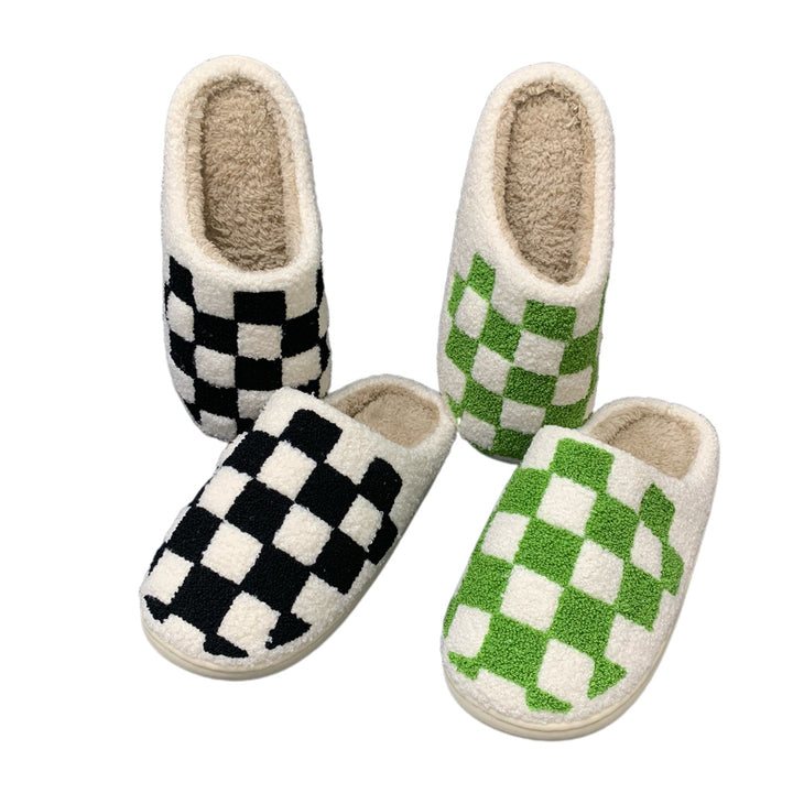 Winter Plush Black Green Checkerboard Warm Non-slip Cotton Slippers