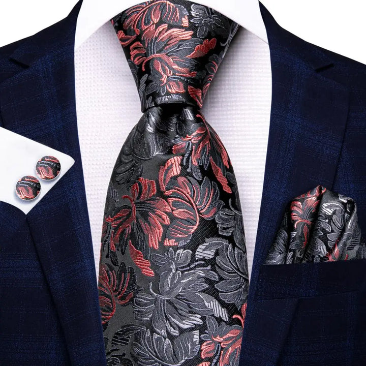 Elegant Floral Black and Red Silk Necktie Set for Men