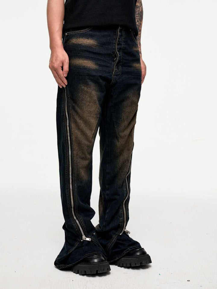 Washed Distressed Double-open Loose Zip Flared Jeans