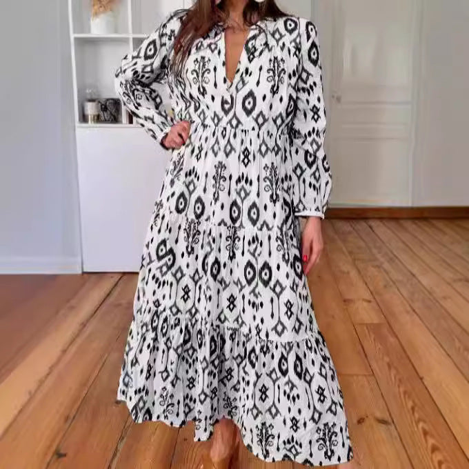 Women's Long Sleeve V-neck Printed Dress