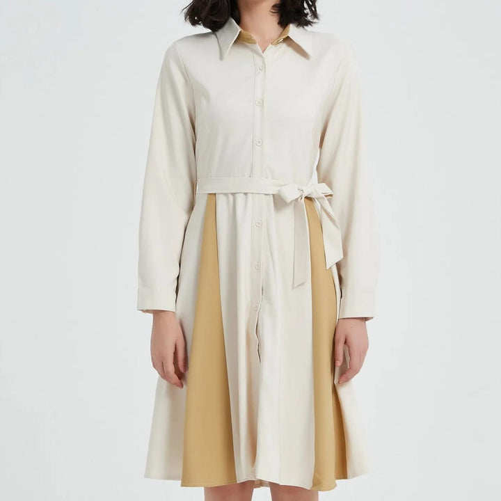 Elegant Beige A-line Long Sleeve Dress with Belt