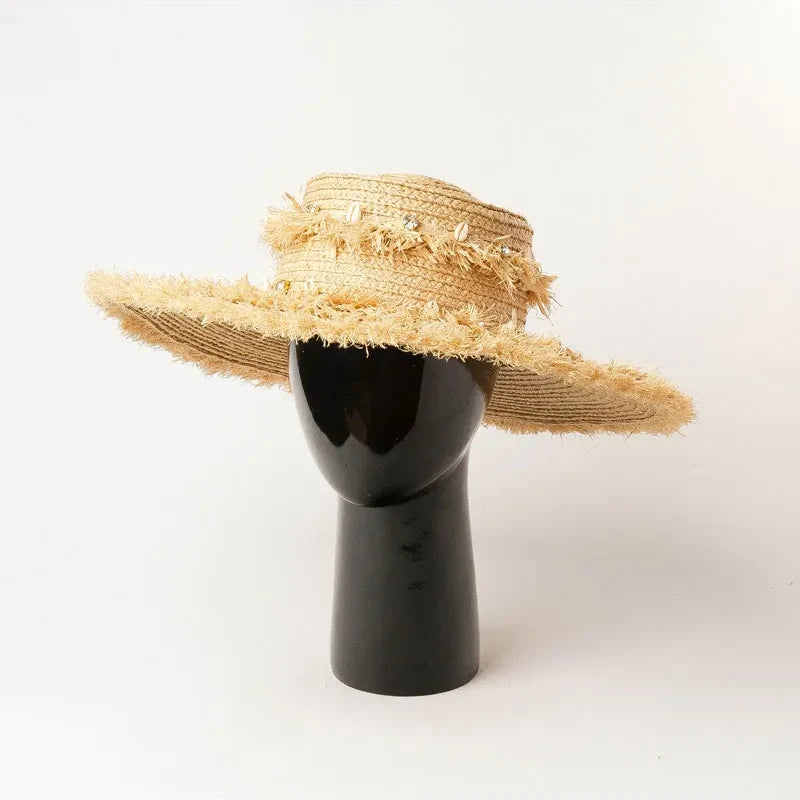 Raffia Sun Hat with Shell Accents