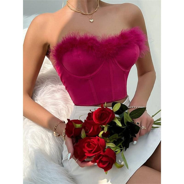 Chic Furry Trim Corset Tube Top