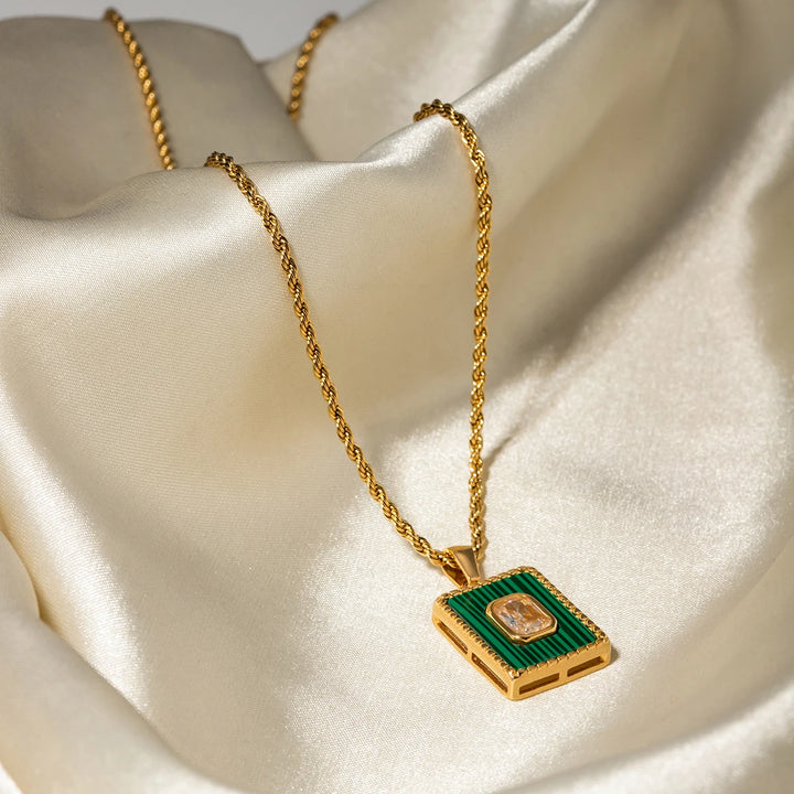 18K Gold Plated Square White Zircon Malachite Pendant Necklace for Women