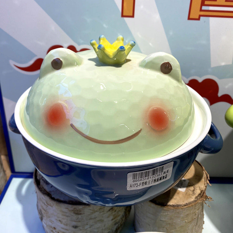 Ceramic Instant Noodle Cute Double-ear With Lid Cartoon Frog Soup Bowl