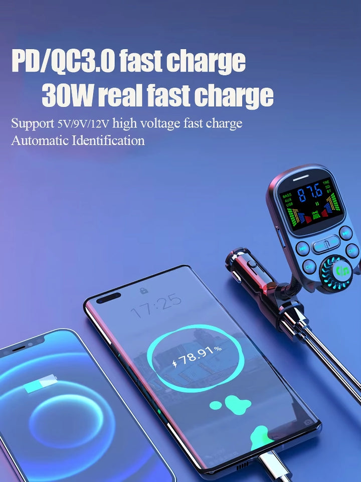 Bluetooth 5.3 Car FM Transmitter with PD & QC3.0 Quick Charging, Aux, and MP3 Player