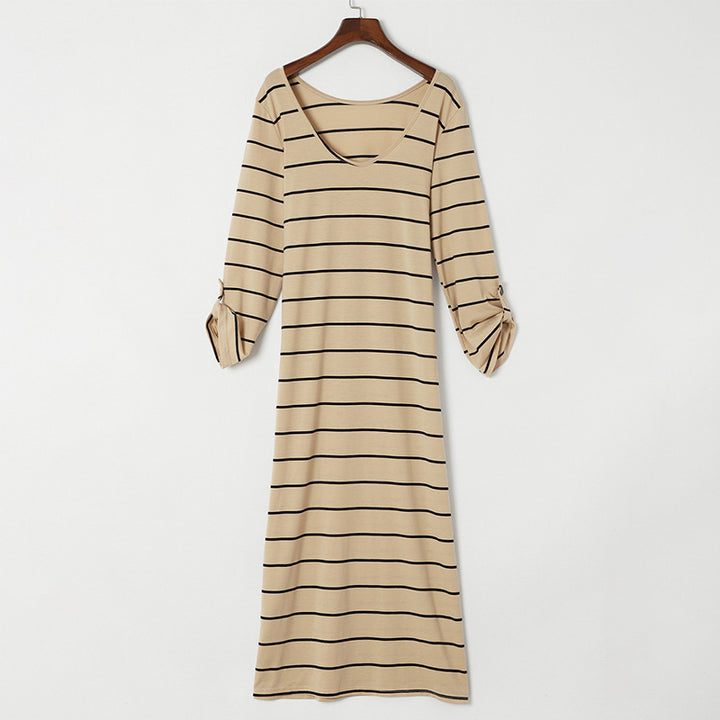 Long Sleeve Striped Printed All-matching Casual Style Pullover Dress