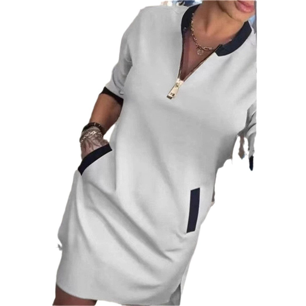 Women's Midi Dress Round Neck Zipper Pocket