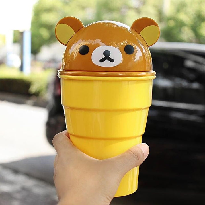 Cute Cartoon Bear Car Trash Can with Rolling Cover