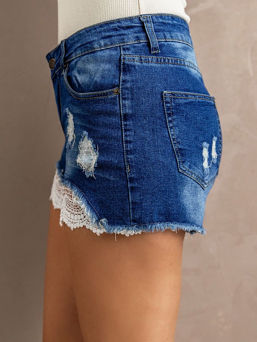 Women's Lace Hem Denim Shorts Washed And Frayed Shorts