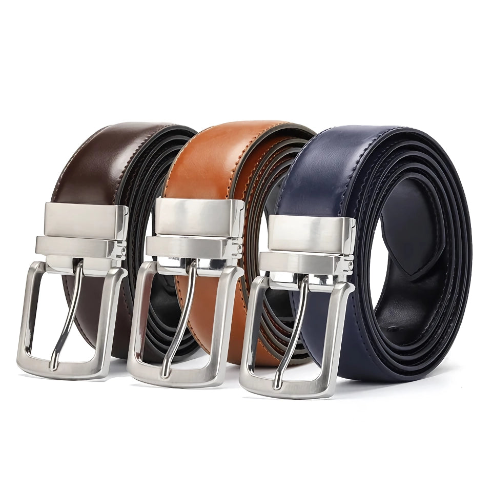 Men's Reversible Genuine Leather Belt with Rotated Buckle – Stylish Cowskin Dress Belt