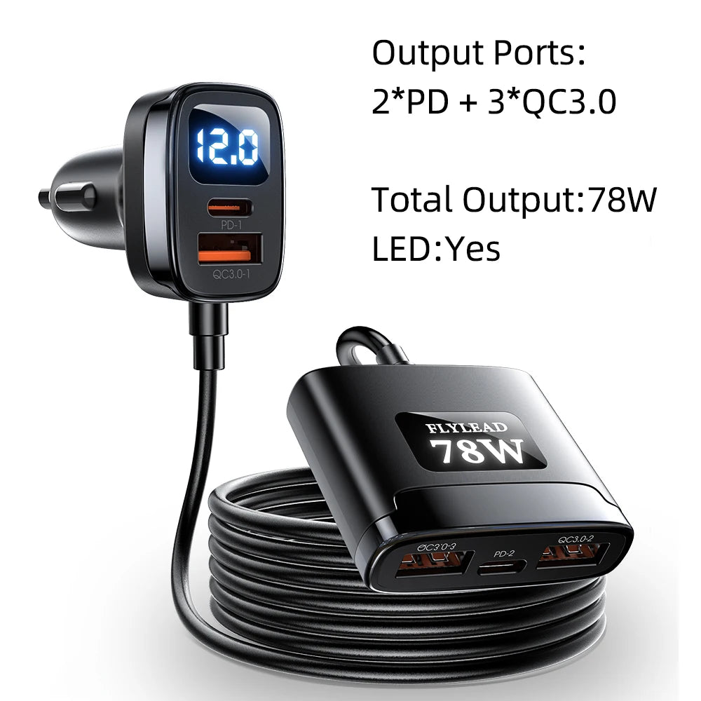 78W 5-Ports Car Charger with LED and Fast Charging USB C Adapter for Cars