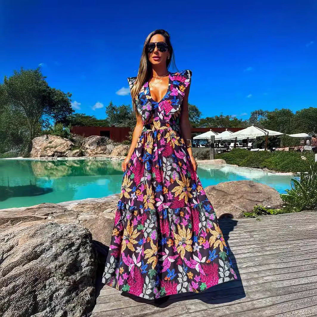 Blue Printed Vacation Style Deep V-neck Sleeveless Women's Long Dress