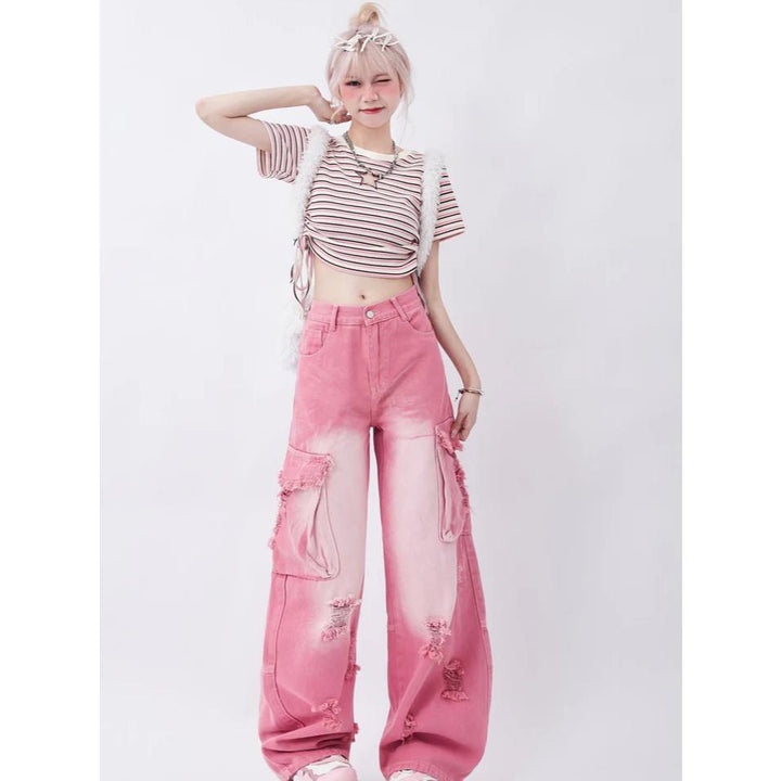 Pink High Waist Wide Leg Jeans with Vintage Accents