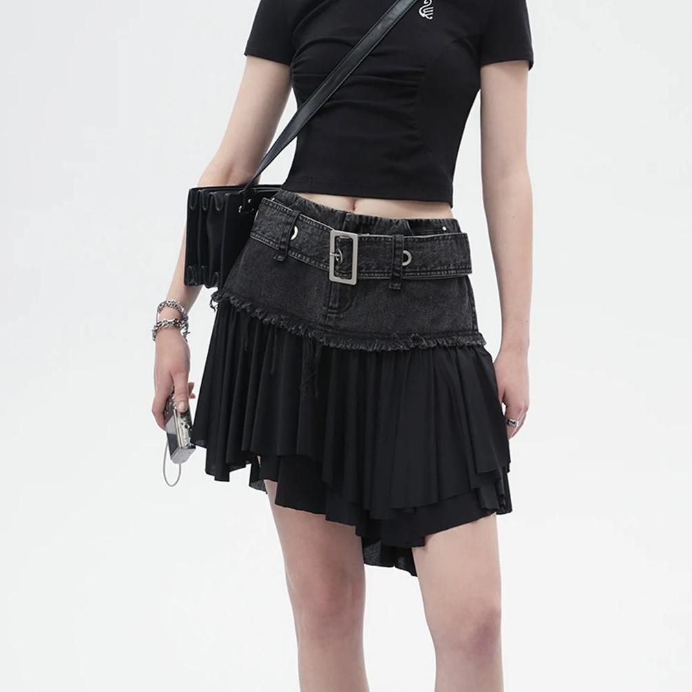 Street Black Denim Mini Skirt with Ruffled Hem
