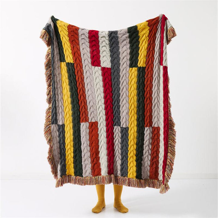 Elegant Wool Blanket with Crochet Contrast Color and Tassel Edges