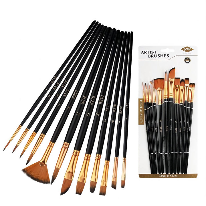 12 PCS Nylon Bristle Brush Set for Watercolor and Oil Painting