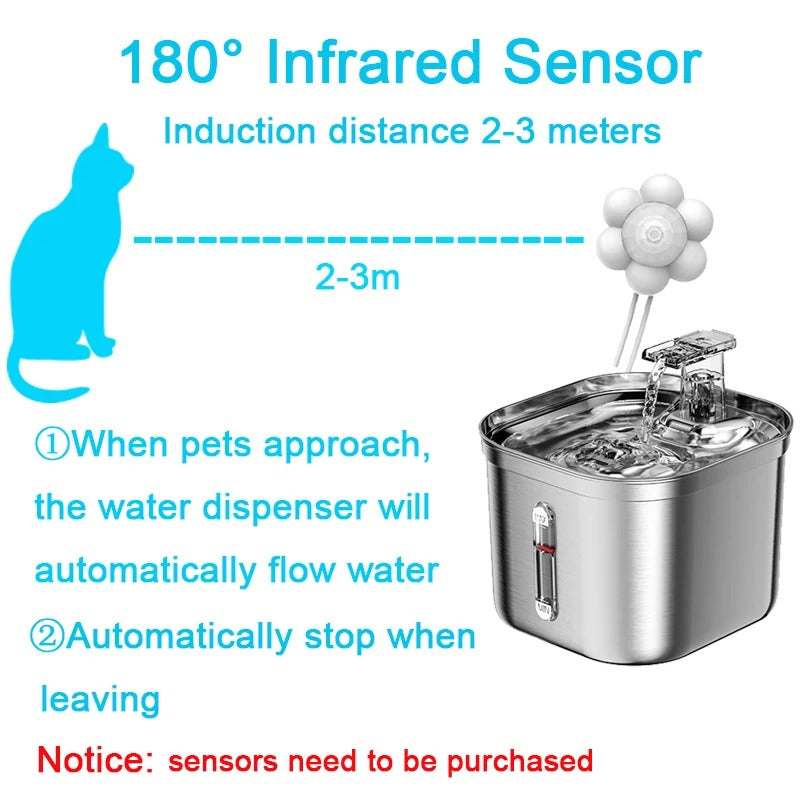 Ultra Quiet Stainless Steel Cat Water Fountain with Automatic Sensor and USB Pump