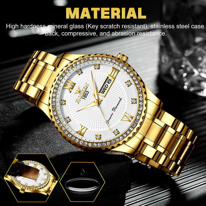 Men's Watch Gold Relojes De Hombre Classic Stainless Steel Quartz Diamond Watch