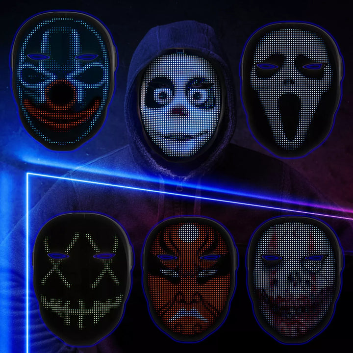 Bluetooth LED Halloween Mask - RGB Light Up Display with DIY Customization & Gesture Control