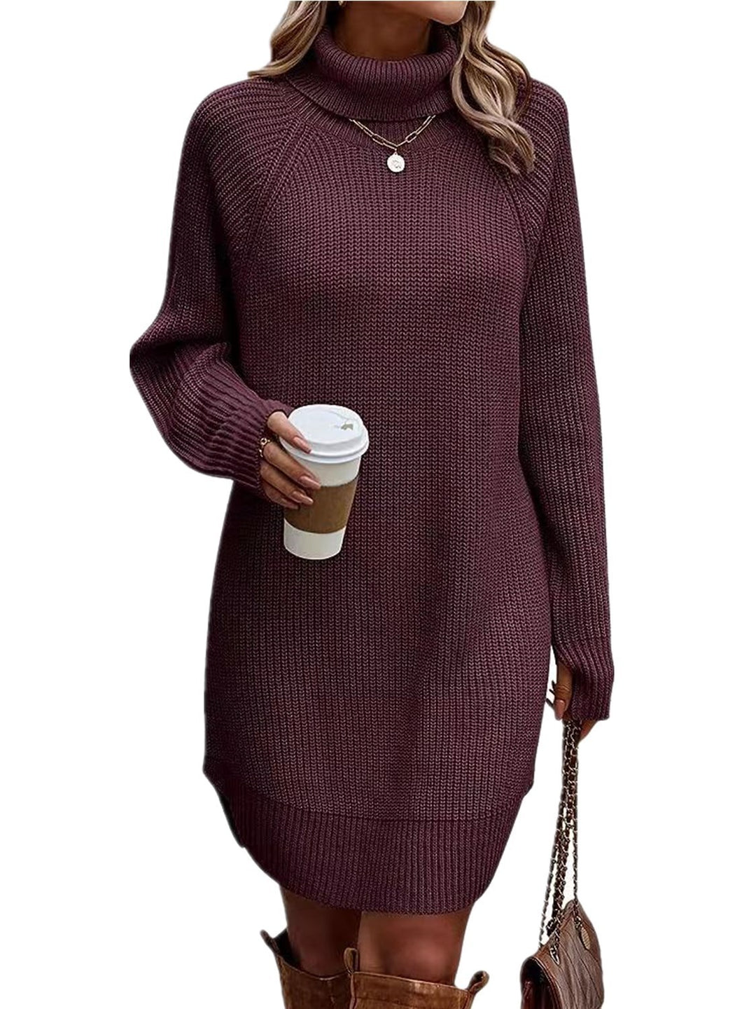 Fashion Slit Pullover High-neck Dress Lady