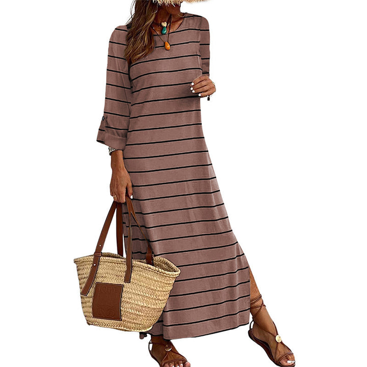 Long Sleeve Striped Printed All-matching Casual Style Pullover Dress