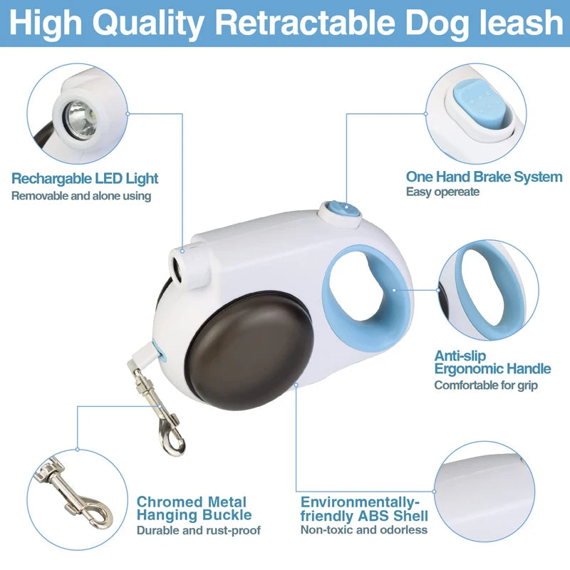 Retractable Dog Leash with Built-in Light, Water Bowl, and Food Box for Dogs up to 88lbs