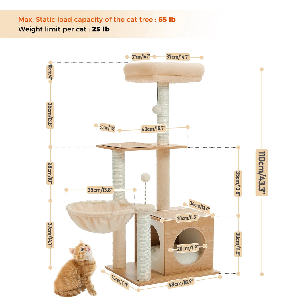 Modern Cat Tree Tower for Indoor Cats with Large Condo, Hammock & Cozy Top Perch