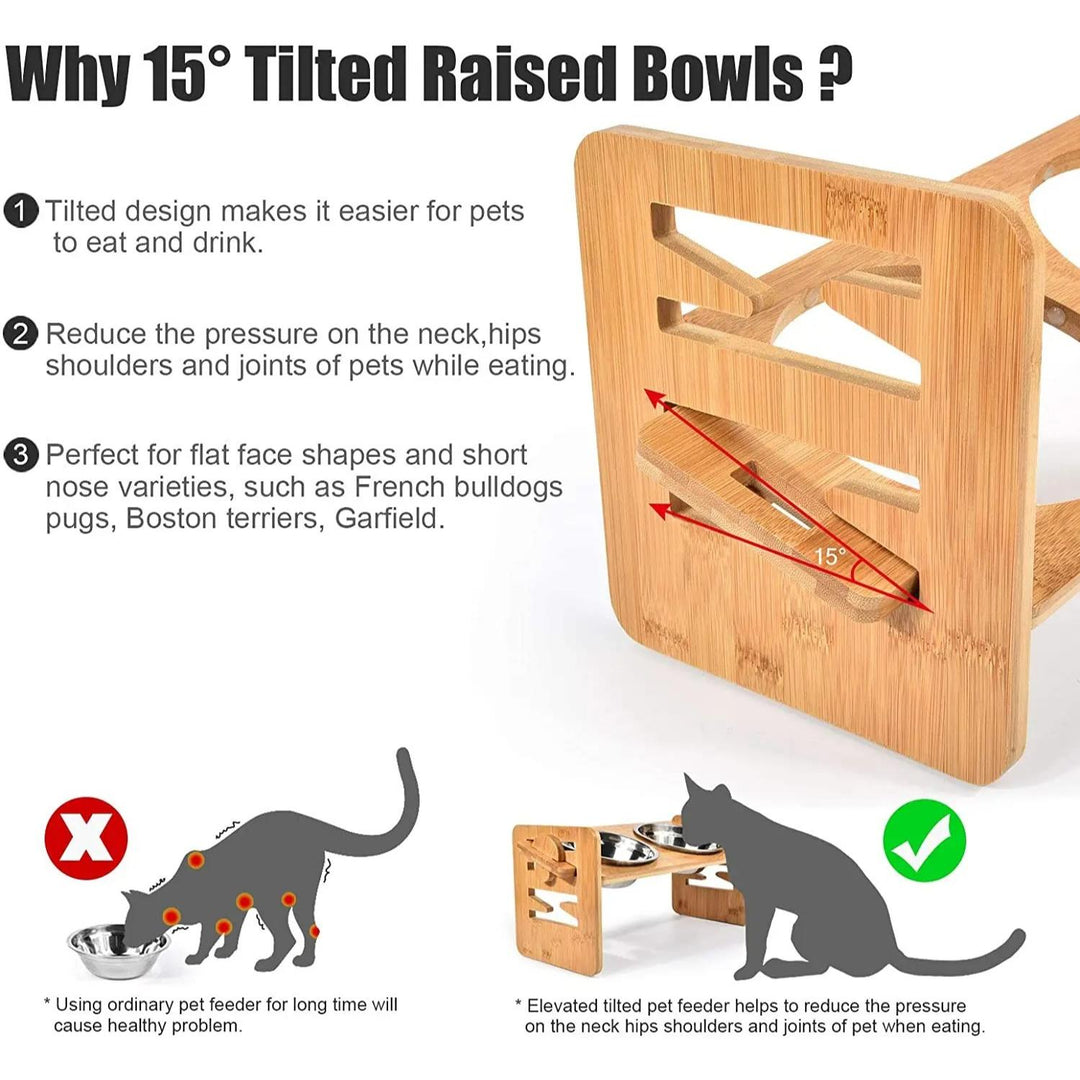 Adjustable Elevated Slanted Pet Feeding Bowl with Bamboo Stand