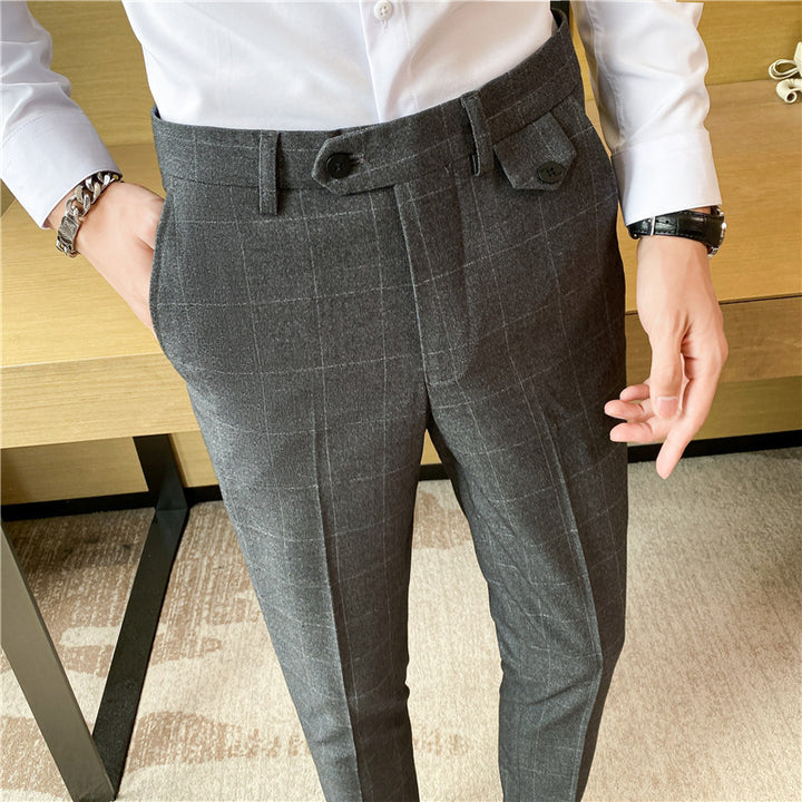 Korean Style British Classic Checkered Elegant Slim Fit Men's Best Man Pencil Pants Suit Pants