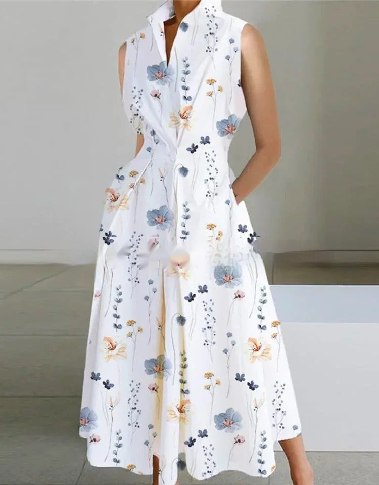 Stand-up Collar Cinched Pocket Printing Mid-length Temperament Dress